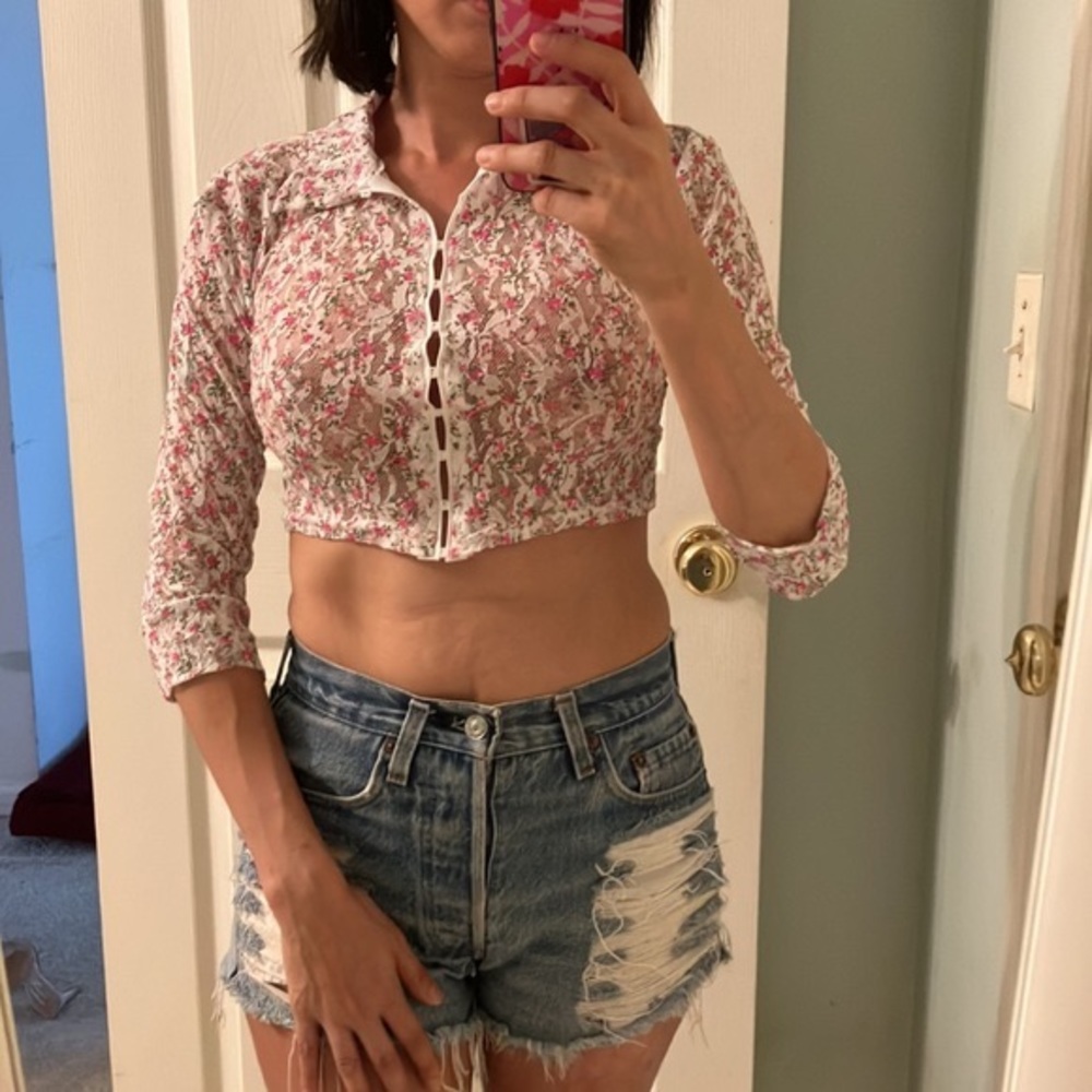 Y2K Vintage White Pink Floral Lace Crop Top XS
